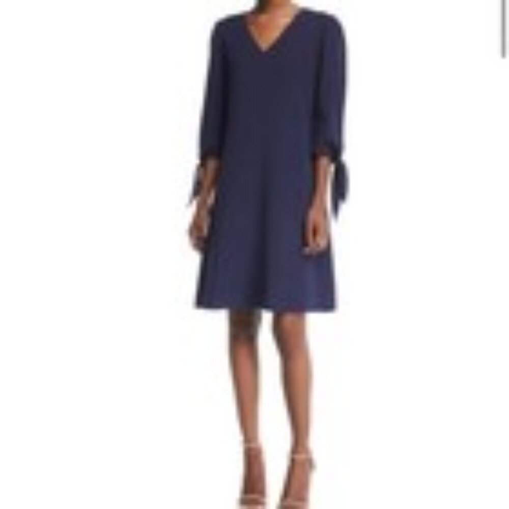 Lafayette 148 New York Kenna Finesse Crepe Tie Sleeve Lined Black Dress in Large